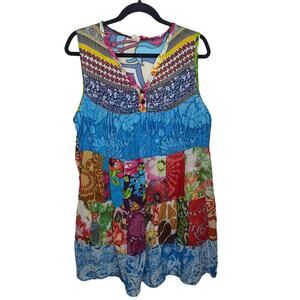 Krasuy Designs Patchwork Babydoll Mini Dress Fairy Hippie Boho M/L Festival